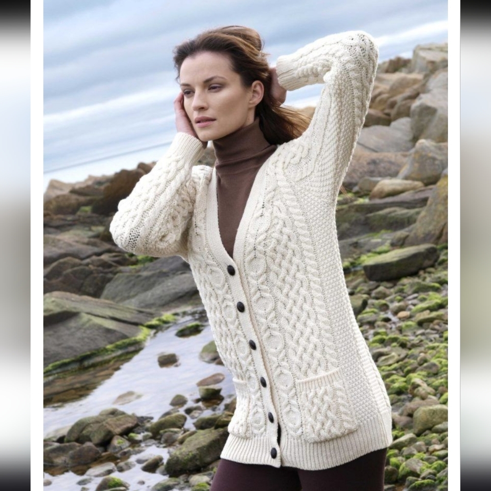 Aran Mor 100% Merino Wool Ladies Long Boyfriend Irish Knit Cardigan XL